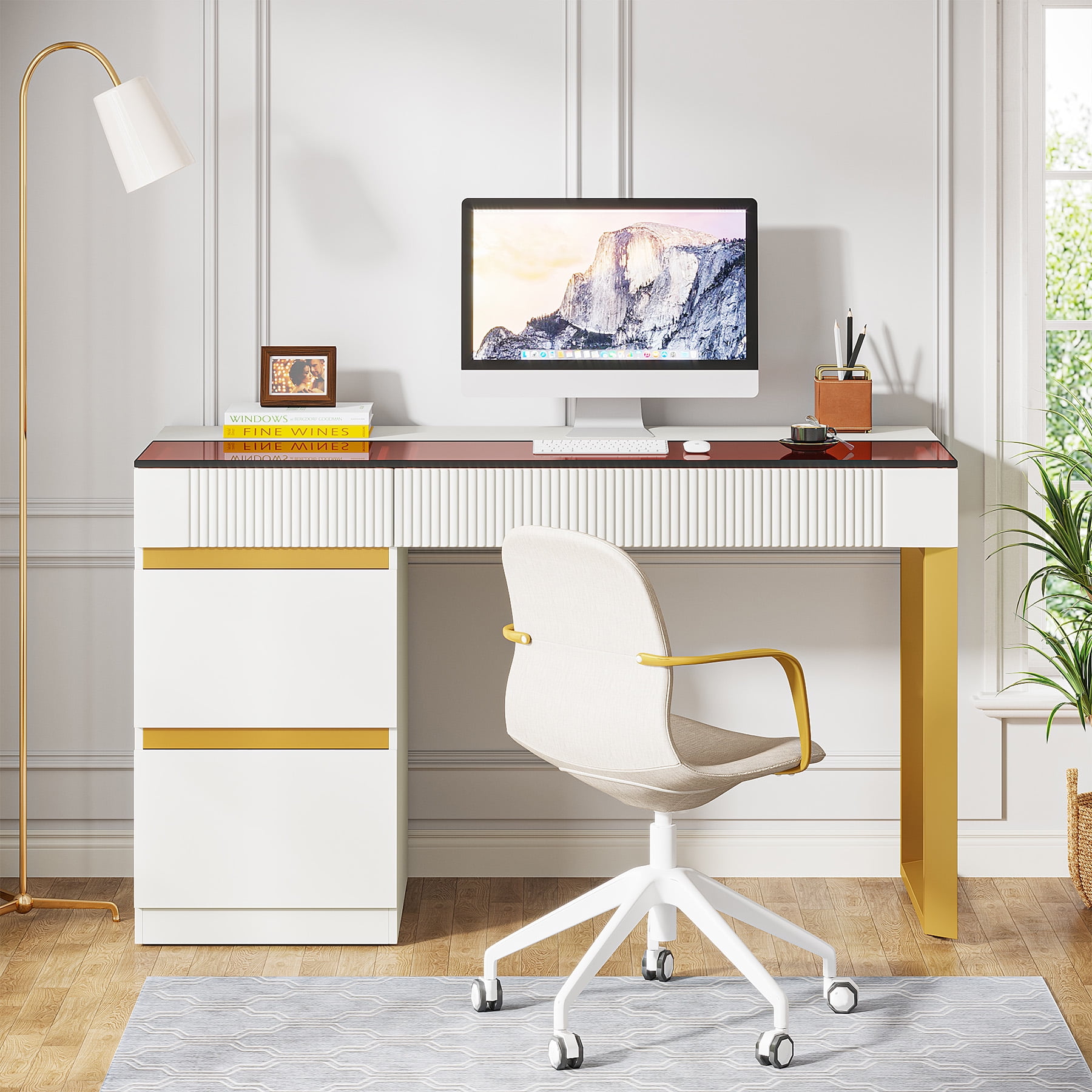 Tribesigns Modern Writing Desk Computer Desk with 4 Drawers, Makeup Vanity Desk with Visual Glass Top for Home Office
