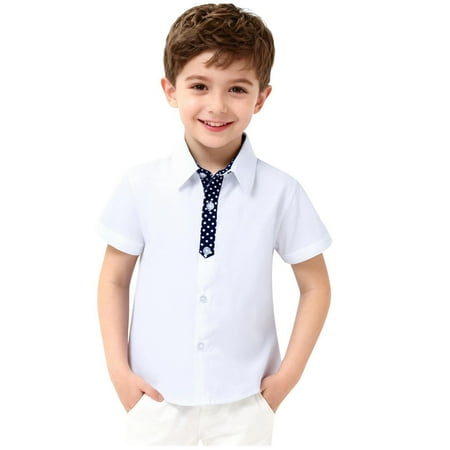 AHTJRT Button Down Shirts for Kids Lapel Short Sleeve Tee Shirt Cotton Soft Breathable Blouse Solid Casual Athletic Activewear Tops White#02 7-8 Years