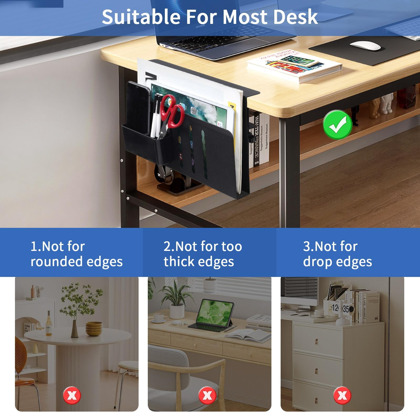 Desk Side Storage  Steel Organizer No Drill Laptop Holder Clamp On Mount With Pen Table Hanging For Home Office Fits Flat Edge Tables 0.3" To 2.8"