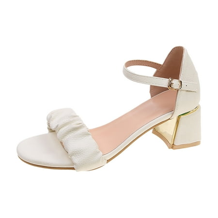 

Women s Summer Buckle Chunky Heel Sandals Ladies Fashion Pleated Heels