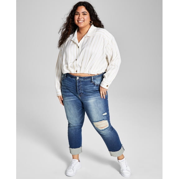 Now This Trendy Plus Size Cropped Woven Shirt White Camel 1X
