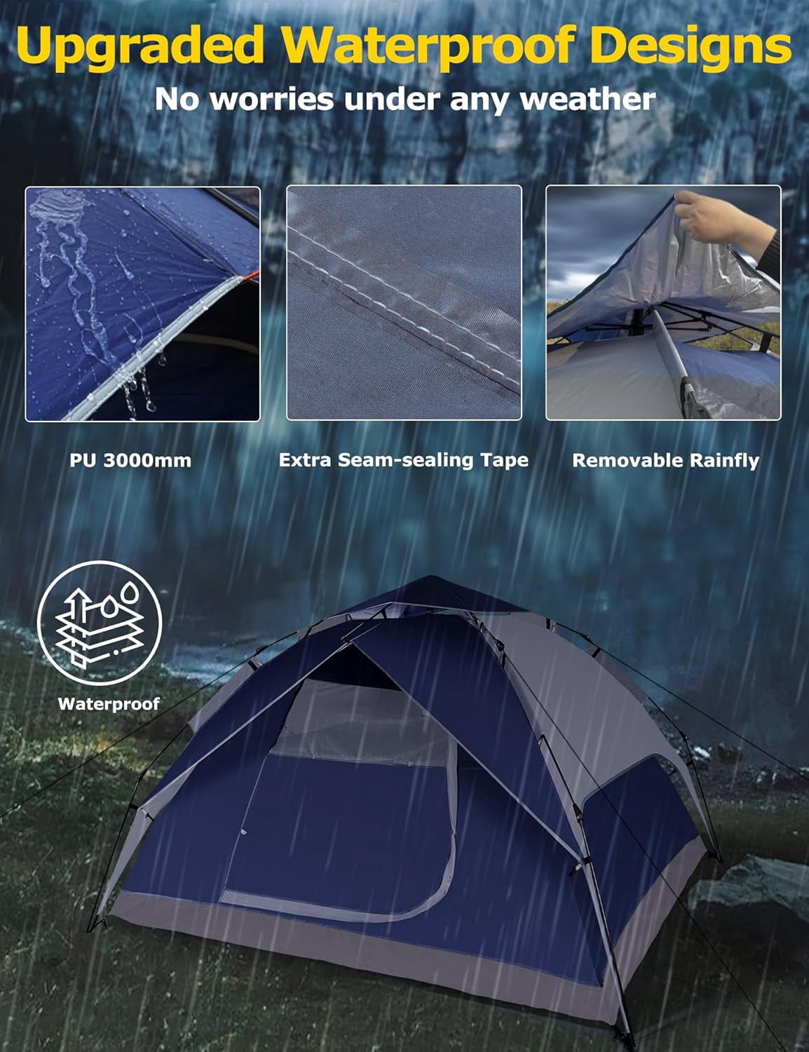 Camping Tents 4 Person Instant Pop Up Tent for Camping Waterproof Cabin Tents for Camp Easy Set up 2 in 1 Family Dome Tent with Rainfly Sun Shelter for Hiking & Traveling & Beach