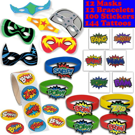 Superhero Party Favors - 12 masks, 12 Bracelets, 100 Stickers, 144 Tattoos - Perfect for Pinata Fillers, Loot bags, Handouts, Prizes and More