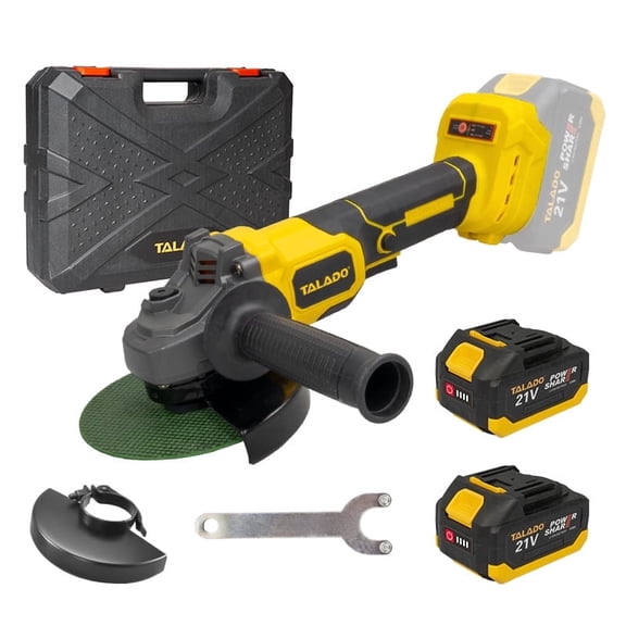 TALADO 21V Cordless Angle Grinder with 2 Li-Ion Batteries, Charger, Grinding Wheels & Hard Case – For Metal Cutting, Polishing & DIY Tasks
