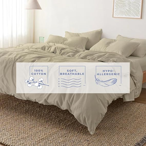 Homi Drapes 100% Egyptian Cotton 3 Piece Duvet Cover Set - Breathable All Season Comforter Cover with Zipper Closure & Corner Ties Sateen Weave (Beige, California King)