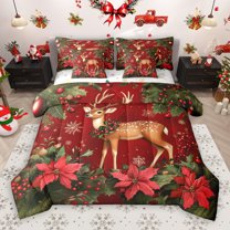 jejeloiu Christmas Reindeer 7pcs Bedding Comforter Set,Red Berry Xmas Flower Queen Bedding Sets,Happy New Year Queen Sheet Sets For Girl Teens,Super Cozy Room Decor Reversible