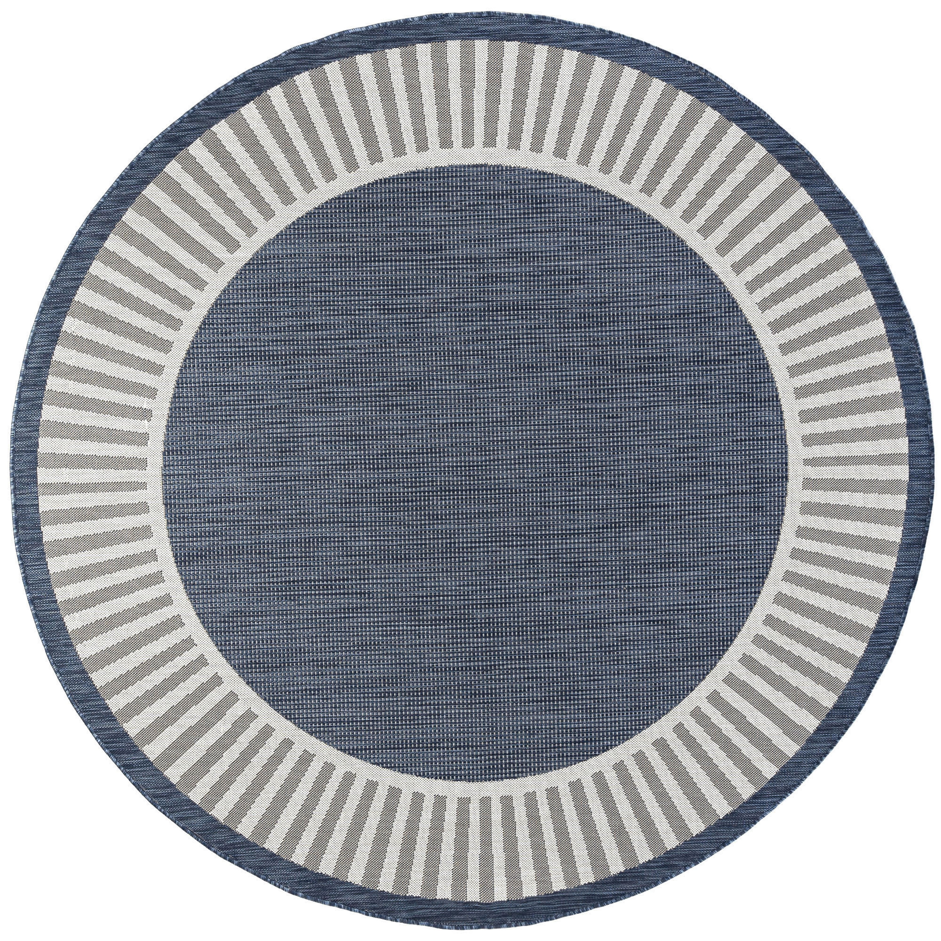 8ft Round Water Resistant, Large Indoor Outdoor Rugs for Patios, Front Door Entry, Entryway, Deck, Porch, Balcony | Outside Area Rug for Patio | Navy, Striped Border | Size: 7'10'' Round