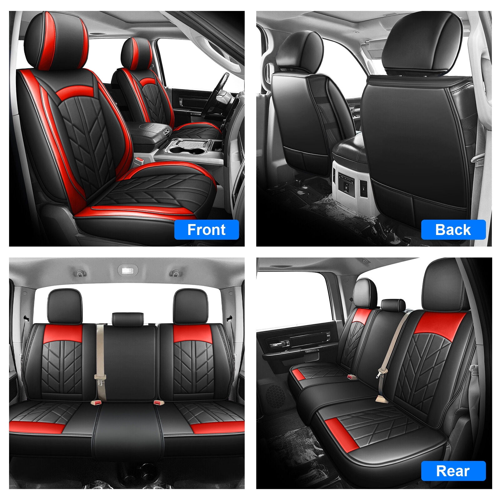Car Seat Covers Fit for Dodge Ram 1500/2500/3500 2009-2023 Truck PU Leather Front Rear Full Set Black+Red