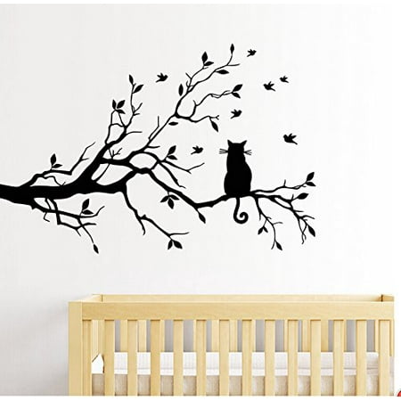 Aimeeli Black Tree Branches with a Cat Wall Decal DIY Vinyl Wall Sticke Window Sticker Living Room Home