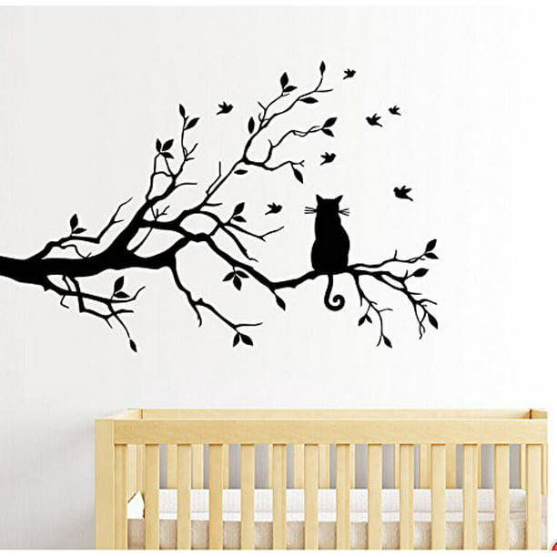 Black Tree Branches With A Cat Wall Decal Diy Vinyl Sticke Window Sticker Living Room Home Decor Com - Vinyl Wall Decals Tree Branch