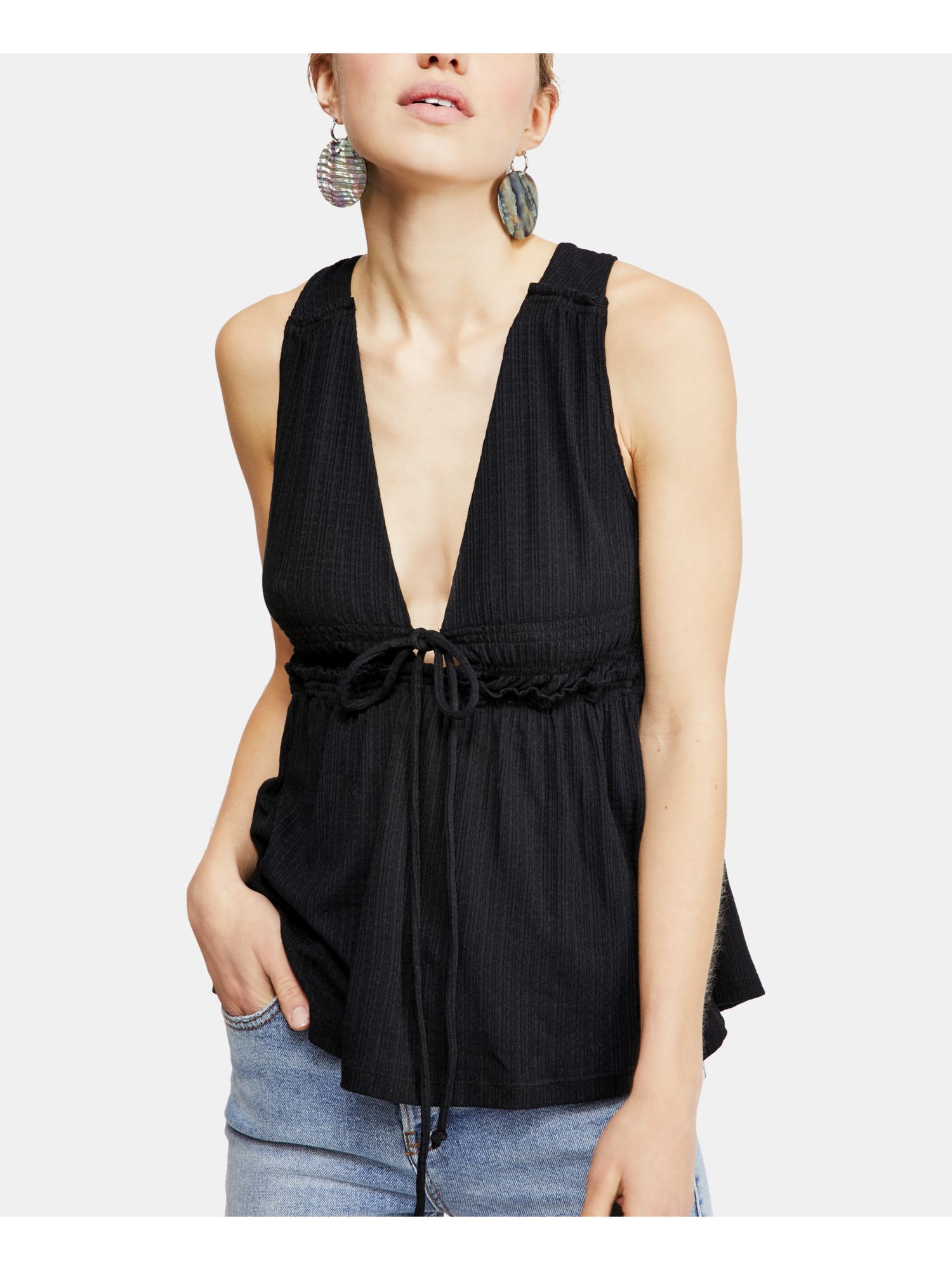 Free People FREE PEOPLE Womens Black Sleeveless V Neck Baby Doll Top