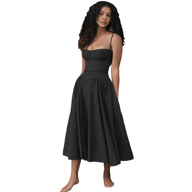Vestido de Verano 2025 para Mujer, Estilo Bohemio, con Tirantes Finos y Corte Entallado, para Playa. Negro M
