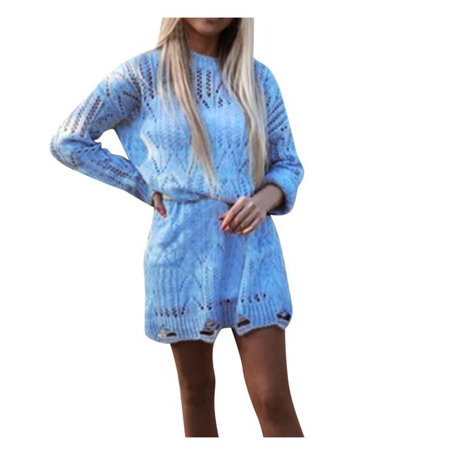 Gibobby Suéter de Cuello Redondo para Mujer, Suéter suelto de lana de cachemira con cuello redondo para mujer, de manga corta, para verano, otoño, color liso, casual(Azul,G)