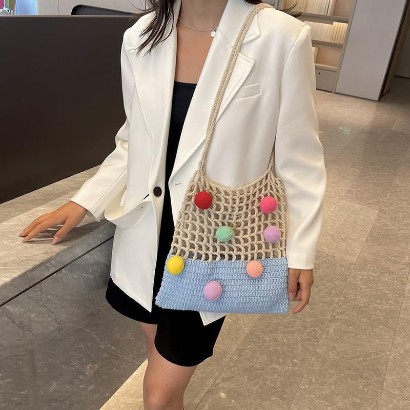 JennyShop Crochet Openwork Tote Bag for Women, Hot Sale Knitted Shoulder Bag Patchwork Color Clashing Handbag