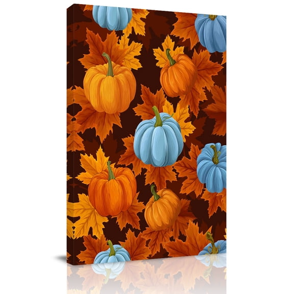 Canvas Wall Art, Blue Pumpkin Fall Framed Canvas Prints for Kitchen Bedroom, Thanksgiving Maple Leaves Farmhouse Small Gallery Wrapped Wall Decor for Home Office, Gifts, 8"x12" Ship Next Day