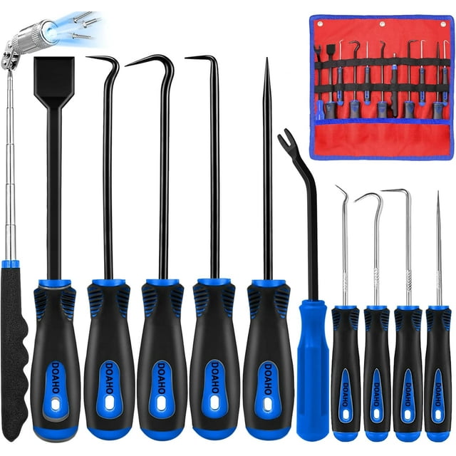 Mechanic Hook and Pick Tool Set & Car Trim Removal Kit with Fastener Clip Pliers Rivet Puller Magnetic Pickup Gasket Scraper NonScratch Plastic Pry Tools for Automotive Repair