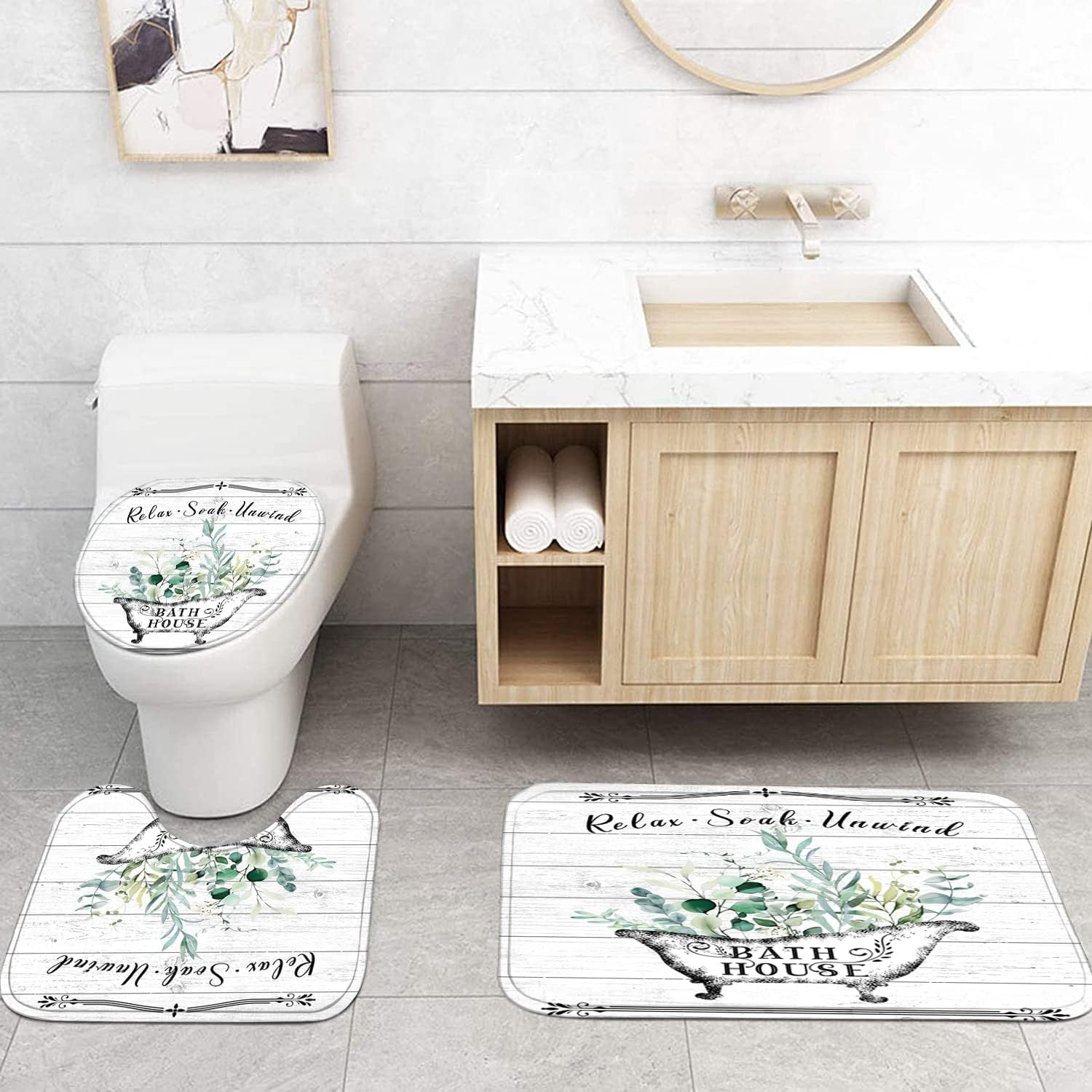 4 Pcs Floral Shower Curtain Flowers Leaves Bathroom Sets with Shower Curtain and Rugs Vintage Farmhouse Bathroom Decor Country Bathtub on Rustic Wood Backdrop Bathroom Rugs Mat Toilet Lid Cover