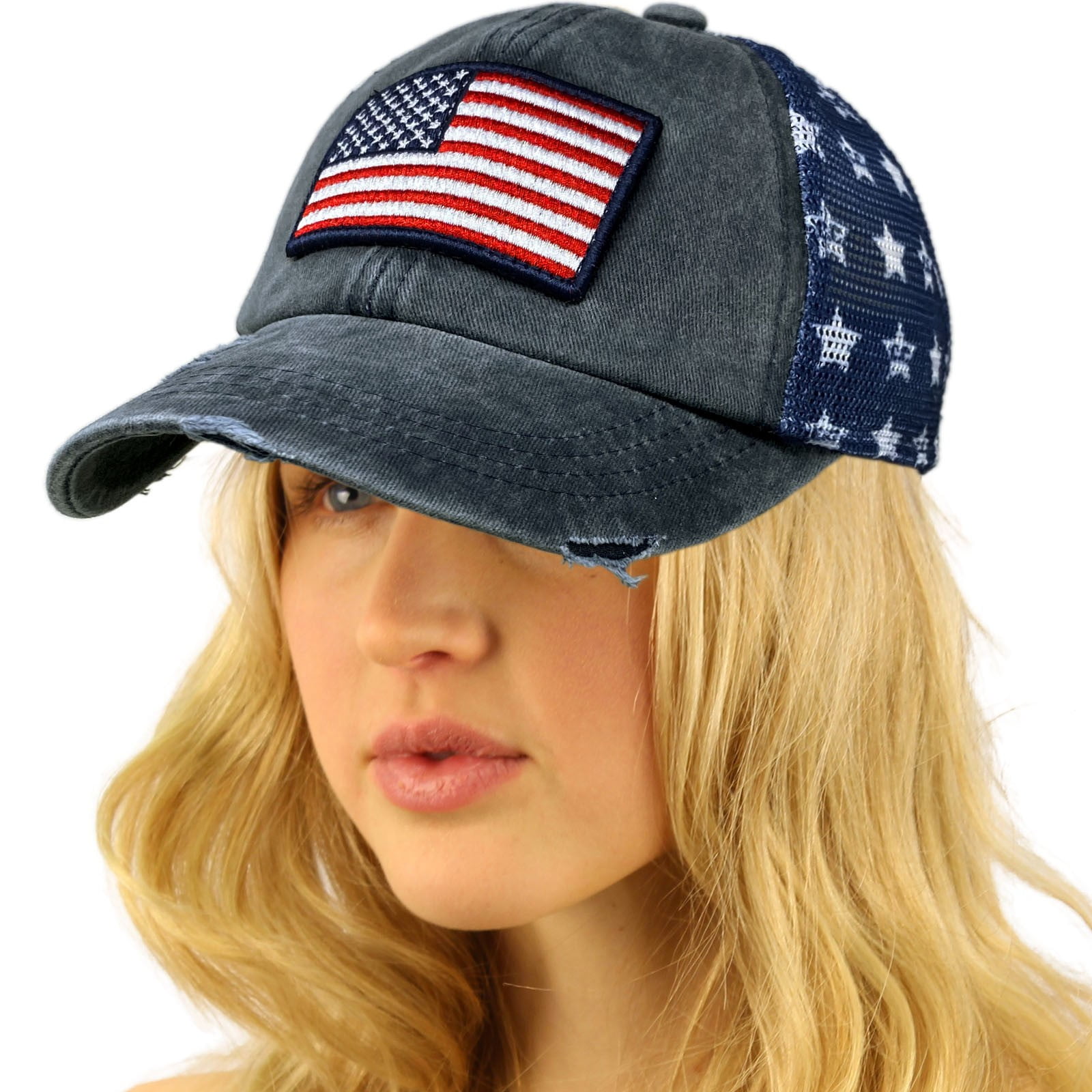 CC Everyday Distressed Trucker Mesh Summer Vented Baseball Sun Cap Hat  (Patch American Flag)