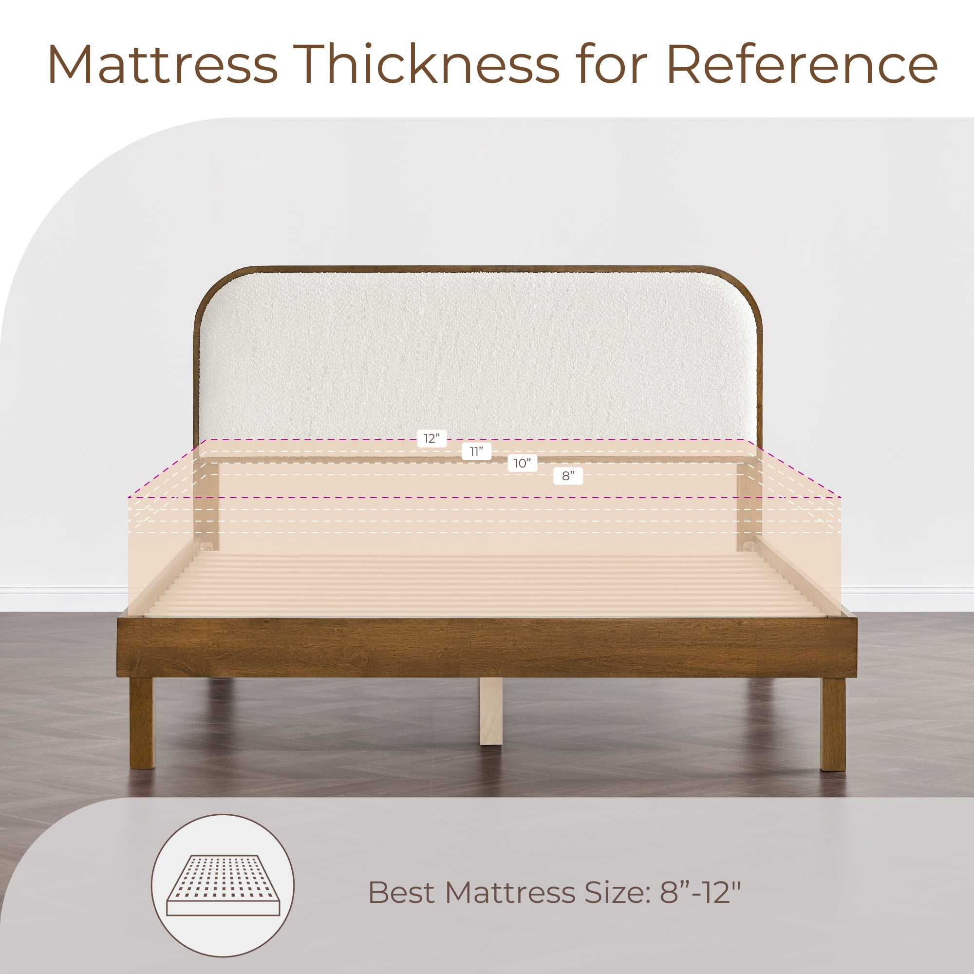 Spruce & Spring Modern Boucle Upholstered Platform Bed with Solid Wood Frame Walnut, Full