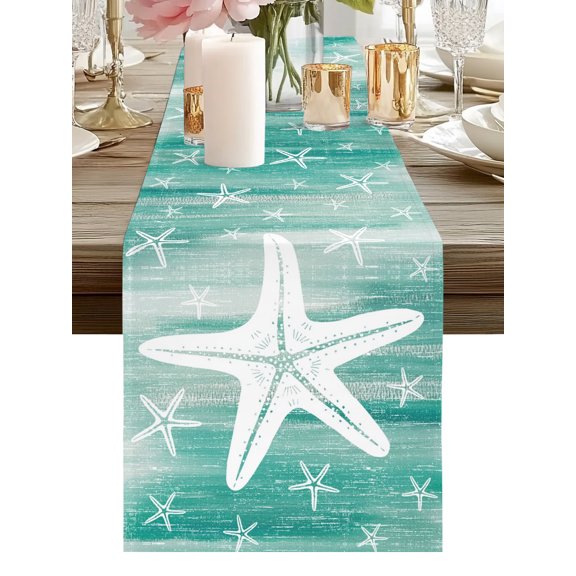 Table Runner Coastal Ocean Starfish Table Runners Nautical Teal Graffiti Cotton Linen Dresser Scarf Kitchen Dining Table Decor for Holiday Party Home Decor 13x72 Inch