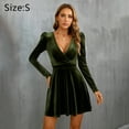 thumbnail image 2 of Laklulu Minivestido patinador con vuelo y escote en V cruzado de manga larga de terciopelo para mujer - Verde militar, S, 2 of 5