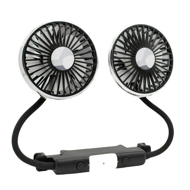 Ventilador de Coche Ajustable de 360° con Luz LED, USB, Doble Cabezal, 3 Velocidades, para Reposacabezas y Asiento Trasero.