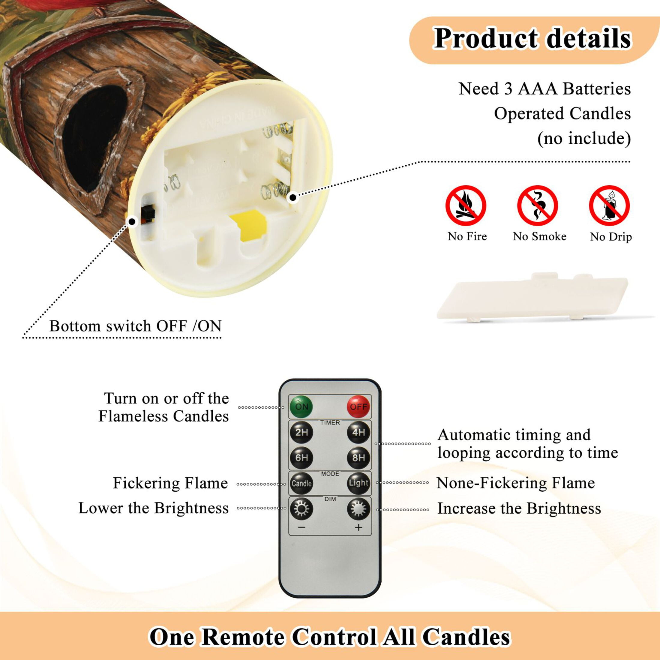 Wobogo Summer Sunflowers Cardinal Bird Flameless Candles with Remote Battery Operated Flickering LED Candles with Timer 2/4/6/8H Medium Size