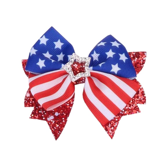 Patriotic 4th of July Hair Bows, Sequin Ribbon Bow USA Flag Design Non-Slip Hair Clips Red White Blue Independence Day Hair Accessories for Women & Girls