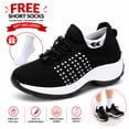 thumbnail image 2 of Women's Knit Slip On Walking Shoes, Lightweight Platform Sneakers with Bungee Laces, 2 of 7