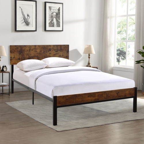 Twin Size Platform Metal Bed Frame with Wooden Headboard and Footboard