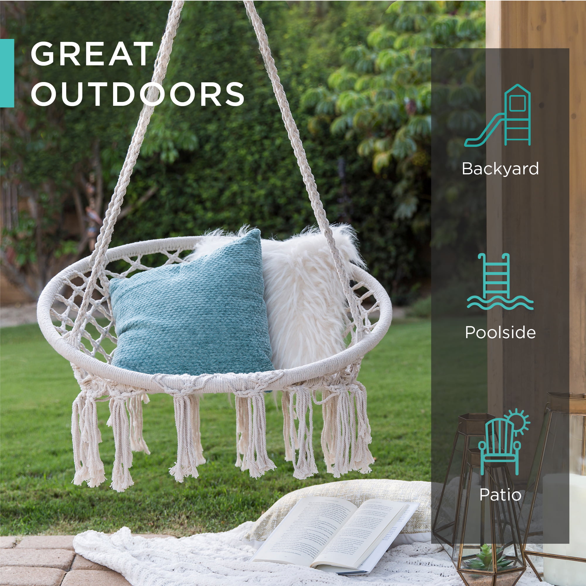 330 Lbs Capacity Macrame Swing with Hanging Kit and Chain Durable Cotton Rope Swing for Indoor SUPERJARE Hammock Chair with 2 Cushions Beige Outdoor 
