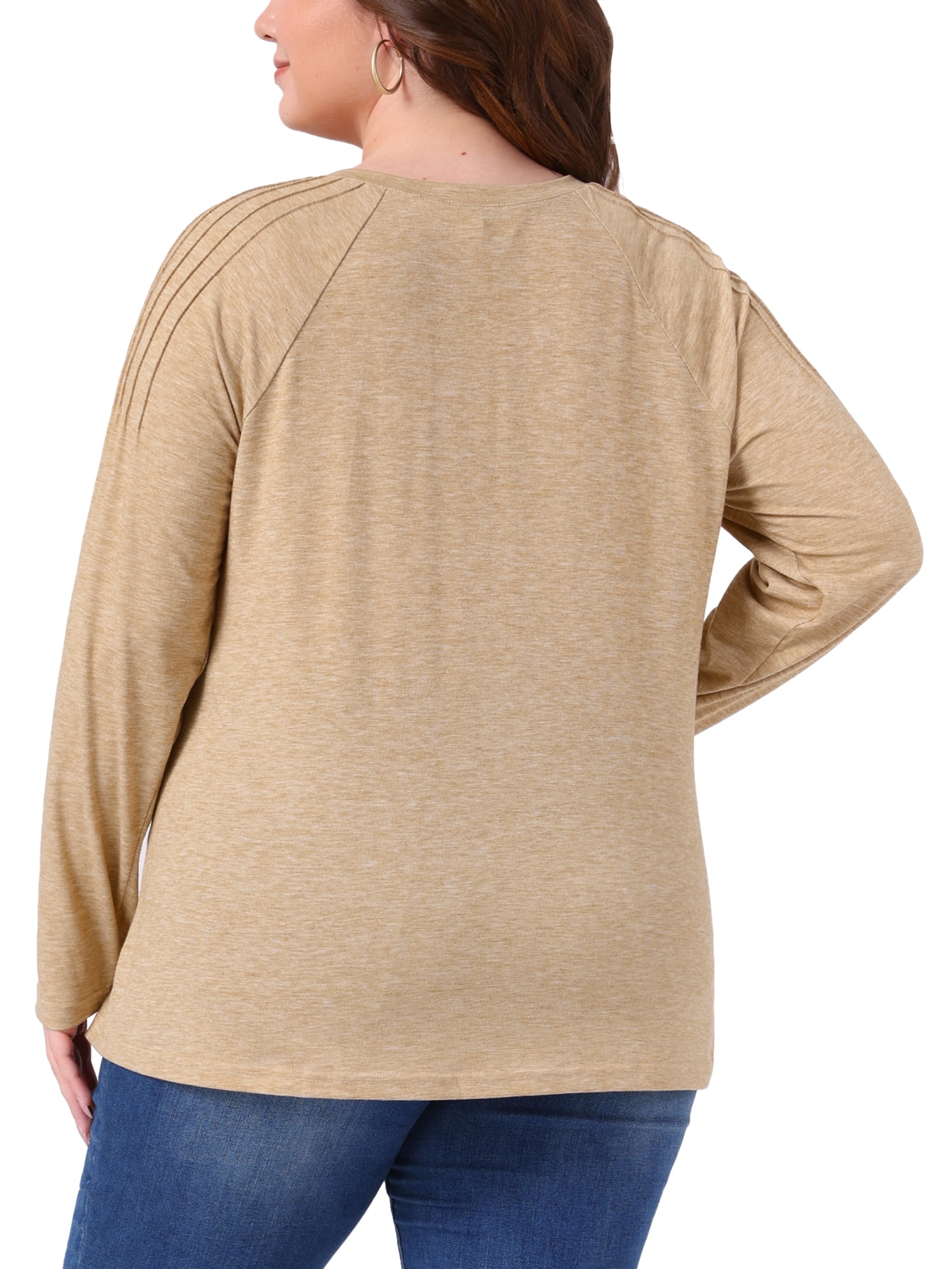 Women's Plus Top Long Sleeve Crew Neck Pleated Shirts Loose Fit Tunic Tops 4X Khaki
