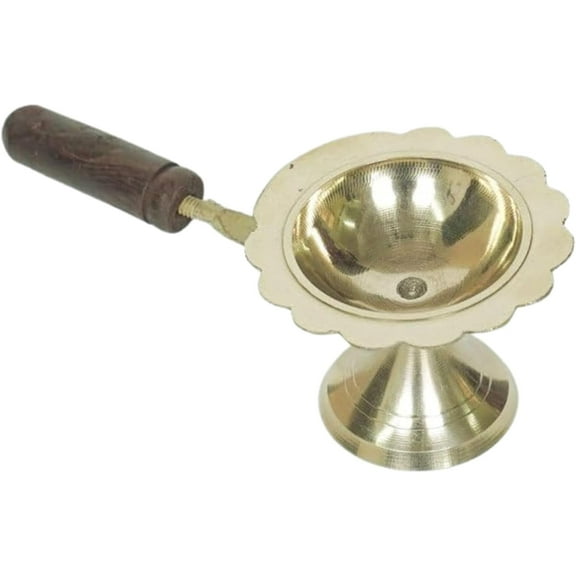 Fashtales Brass Kapoor Aarti Diya with Wooden Handle, Gold, 1 Count