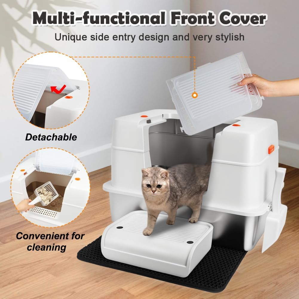 Stainless Steel Litter Box with Lid, XL Side Entry Extra Large Litter Box for Big Cats & Kitty, Removable Enclosed Metal Cat Pan with High Sided Enclosure, Scoop, Mat, Footboard (Beige)