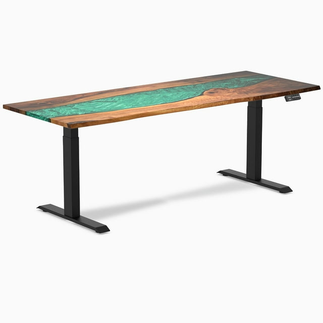 Desky Bureau Assis-Debout en Bois Dur à Double Résine - Noyer Naturel Rivière Émeraude / 80 x 30 Pouces / Noir Mat