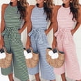 thumbnail image 3 of Primavera y verano Moda europea y americana Pantalones casuales ajustados con cordones sexy a rayas con cuello redondo para mujer, 3 of 6