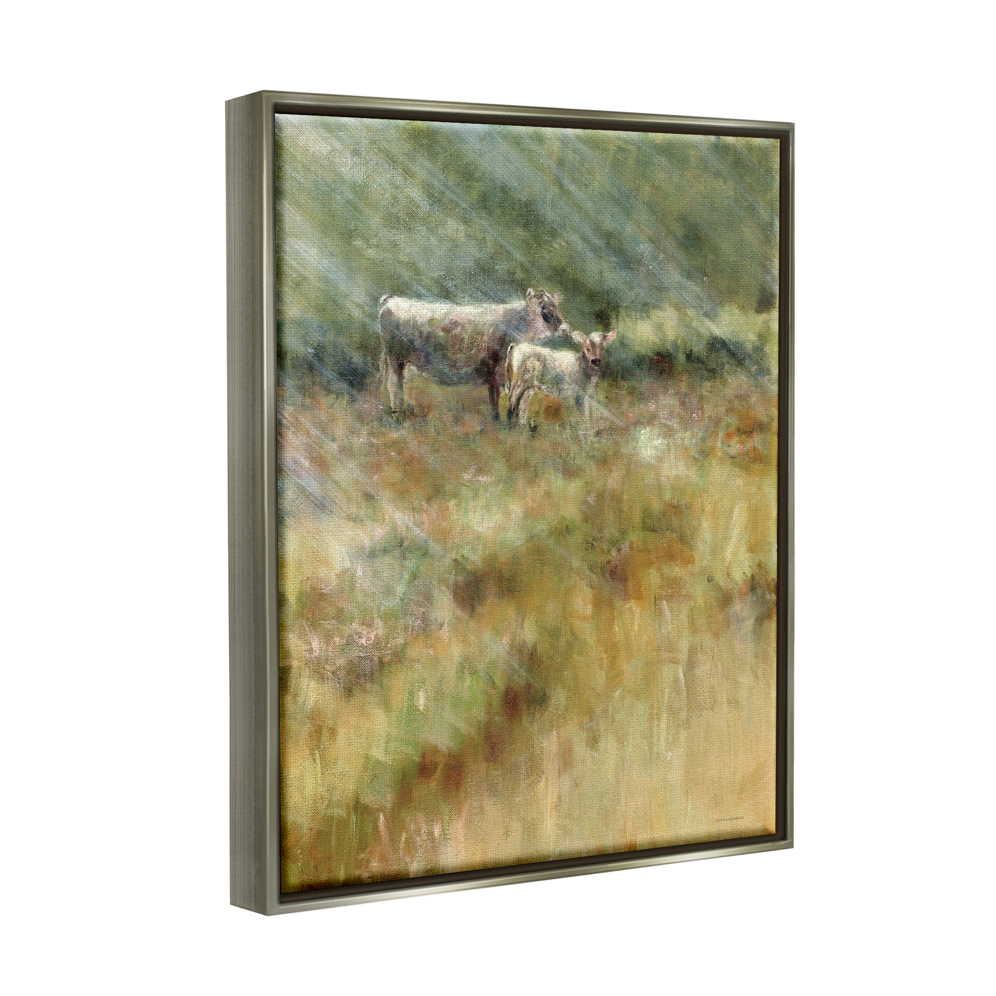 Stupell Sunlit Cattle Grazing Field Landscape Painting Gray Floater Framed Art Print Wall Art