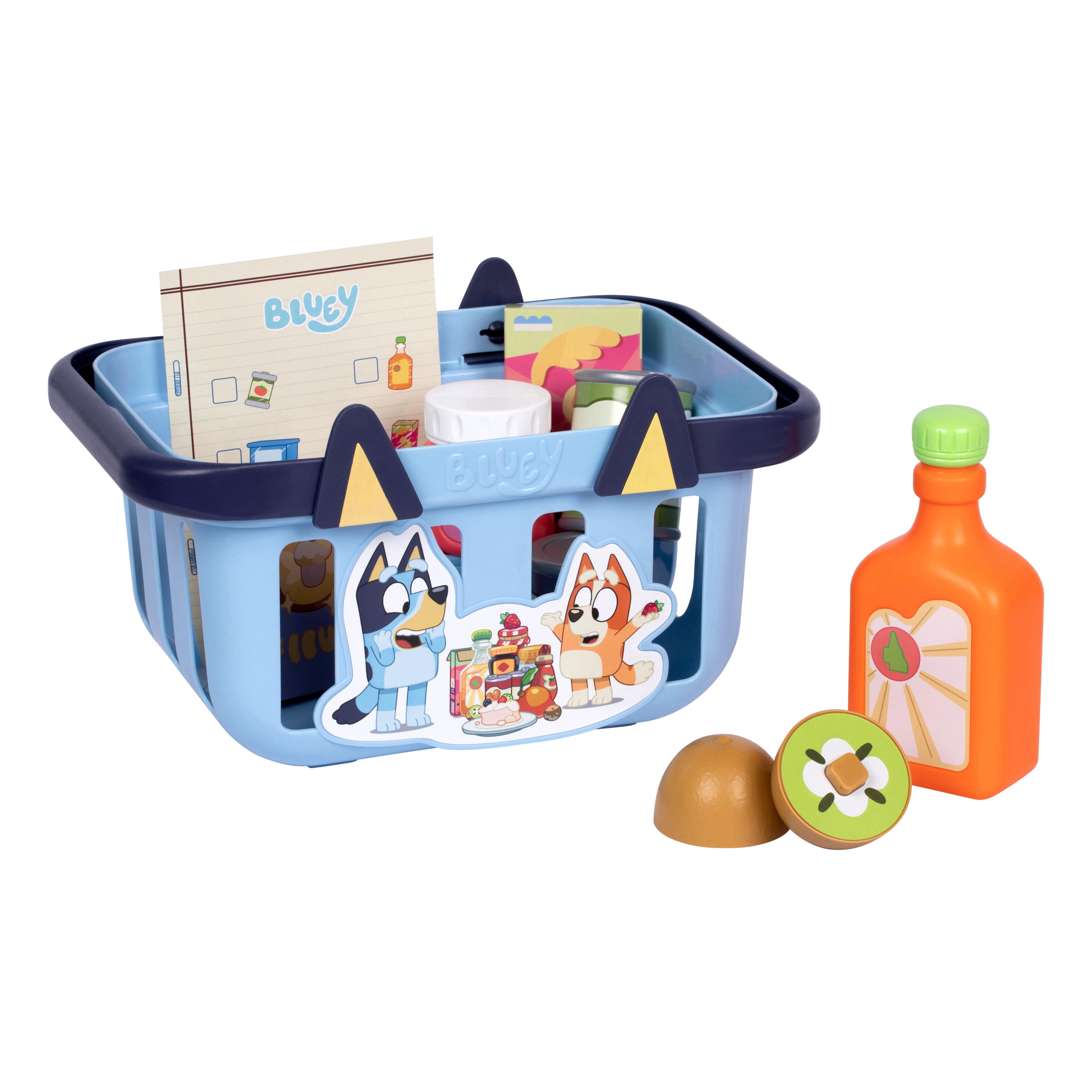 Bluey Shopping Basket, Toddler-Sized Basket Includes 9 Fun Bluey Grocery Accessories & Shopping List, Featuring Folding Handles, Ages 3+