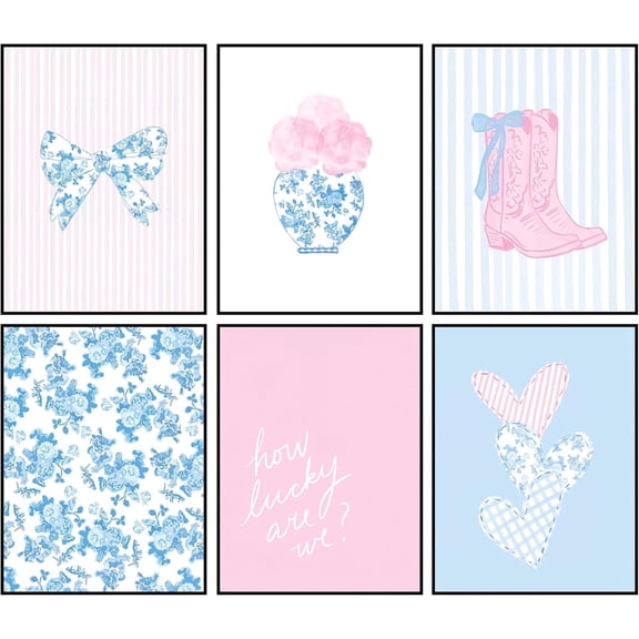 Trendy Pink Bows Wall Art Set of 9,Coquette Room Decor,Trendy Coquette Bow Print,trendy bows poster,preppy wall art,Girly Dorm Room Decor (Blue Pink 01 Unframed, 8x10x6)