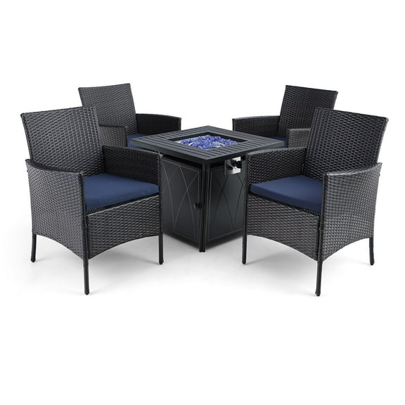 Alpha Joy 5 Pcs Wicker Rattan Patio Dining Set with Gas Fire Pit Table - Blue