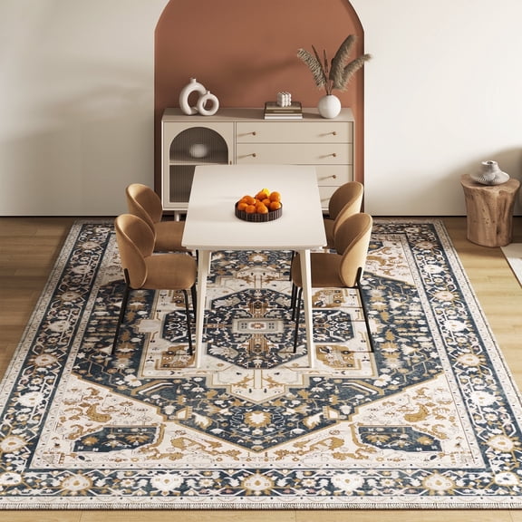 EnHomee Area Rugs for Living Room 5x7 Area Rugs for Bedroom Rug with Rubber Backing Washable Rugs Low Pile Carpet, Vintage, Non-Slip, Blue and Brown