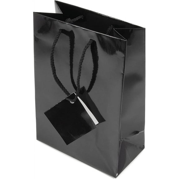 NicePackaging  10 Qty  Glossy Black Paper Tote Gift Bags 8in x 4in x 10in  For Birthdays/Holidays/Parties/Gifts/Sales/Showers/Special Occasions  4 Sizes