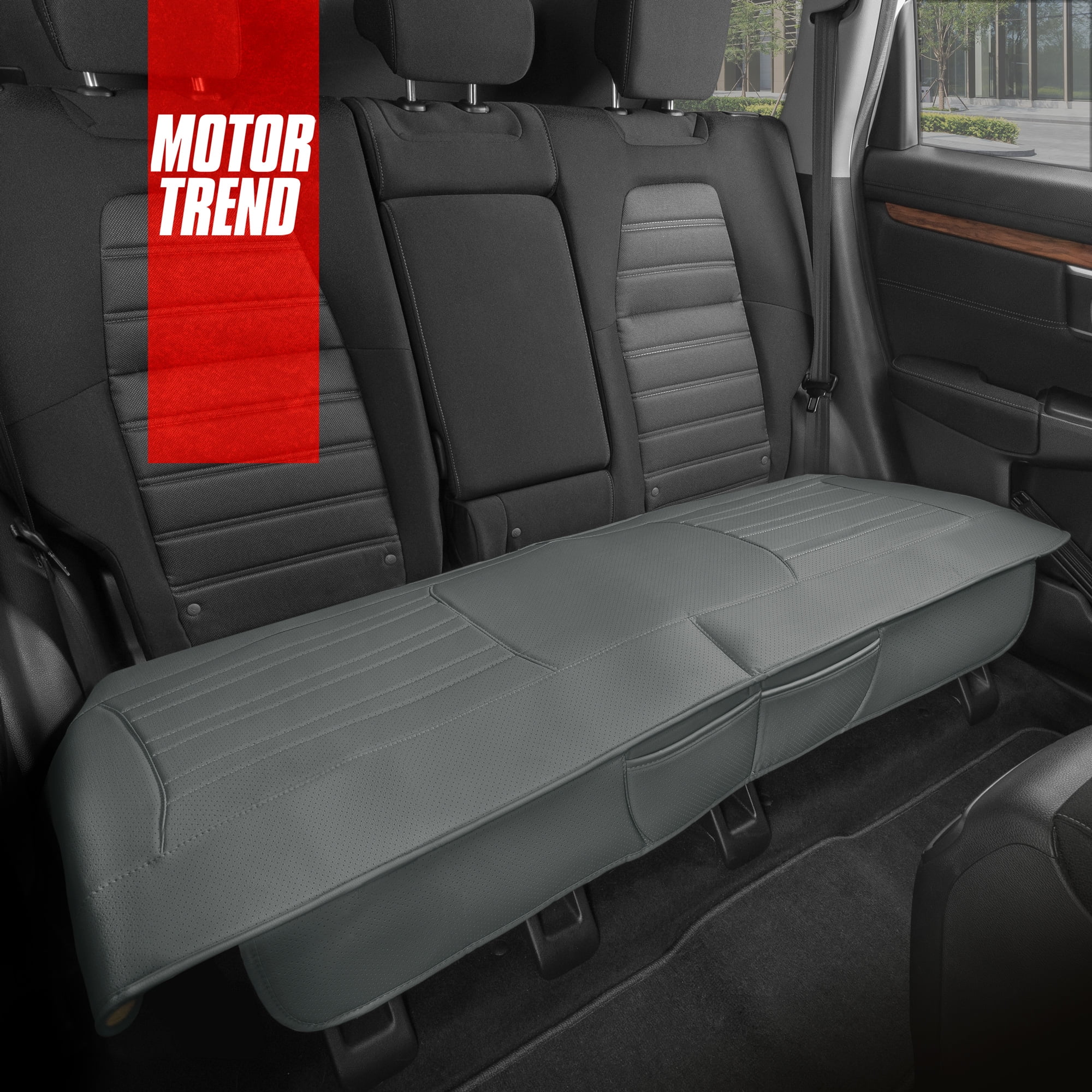 Motor Trend Faux Leather Padded Rear Bench Car Seat Cover, Storage Pockets Premium Cushion, Universal Fit Auto Interior, for Car Truck SUV Van, Gray
