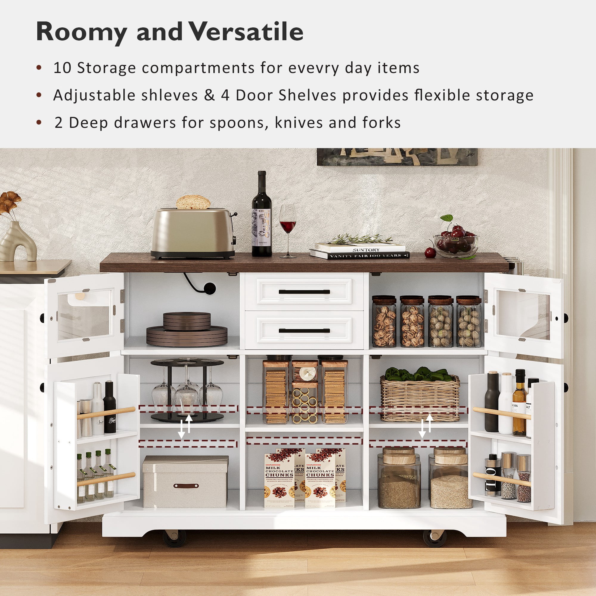 54.9" Kitchen Island on Wheels with Drop Leaf, Power Outlet, 4 Door Shelves, Cross Barn Doors & Visual Glass Door