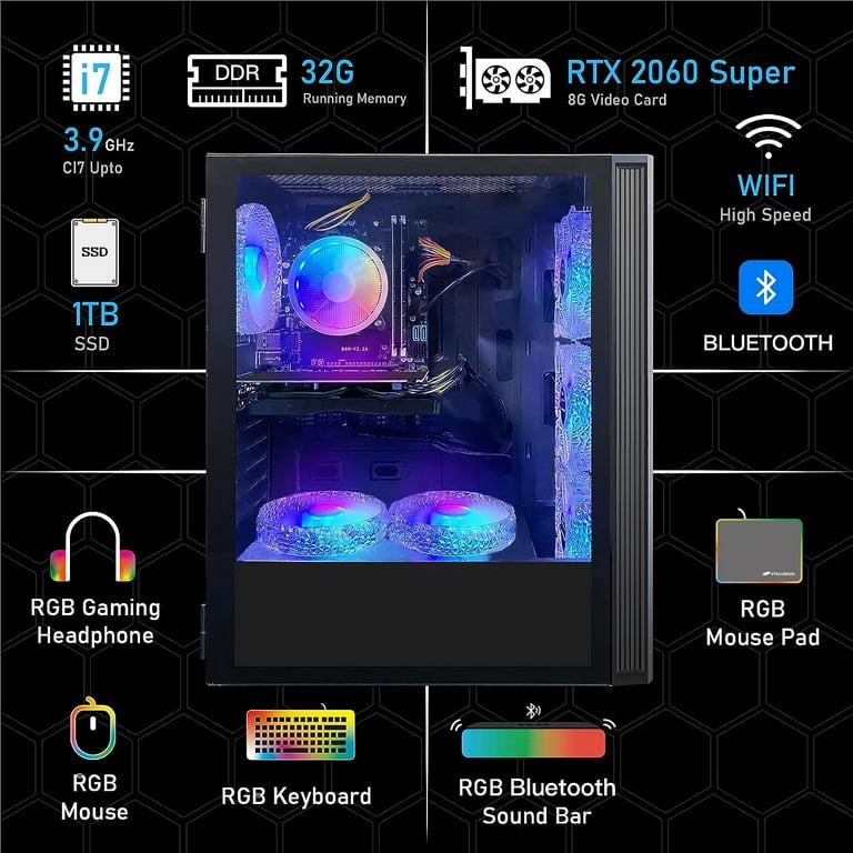  STGAubron Gaming Desktop PC Computer,Intel Core I7 3.4 GHz up  to 3.9 GHz,Radeon RX 580 8G GDDR5,16G RAM,512G SSD,WiFi,Bluetooth 5.0,RGB  Fanx6,RGB Keyboard&Mouse&Mouse Pad,RGB BT Sound Bar,W10H64 : Electronics