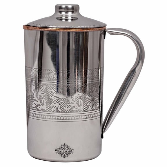 Indian Art Villa Steel Copper Water Jug - 34 oz, Embossed Elegance for Serving & Storage