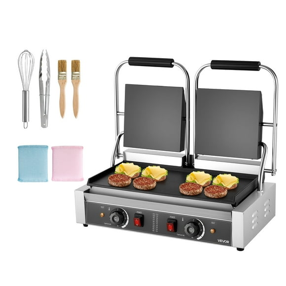 VEVOR Commercial Panini Grill, 3600W Electric Sandwich Panini Maker, Stainless Steel Double Sandwichs Press with Handle and Temp Control, 19x9 in Full Flat Enamel Plate