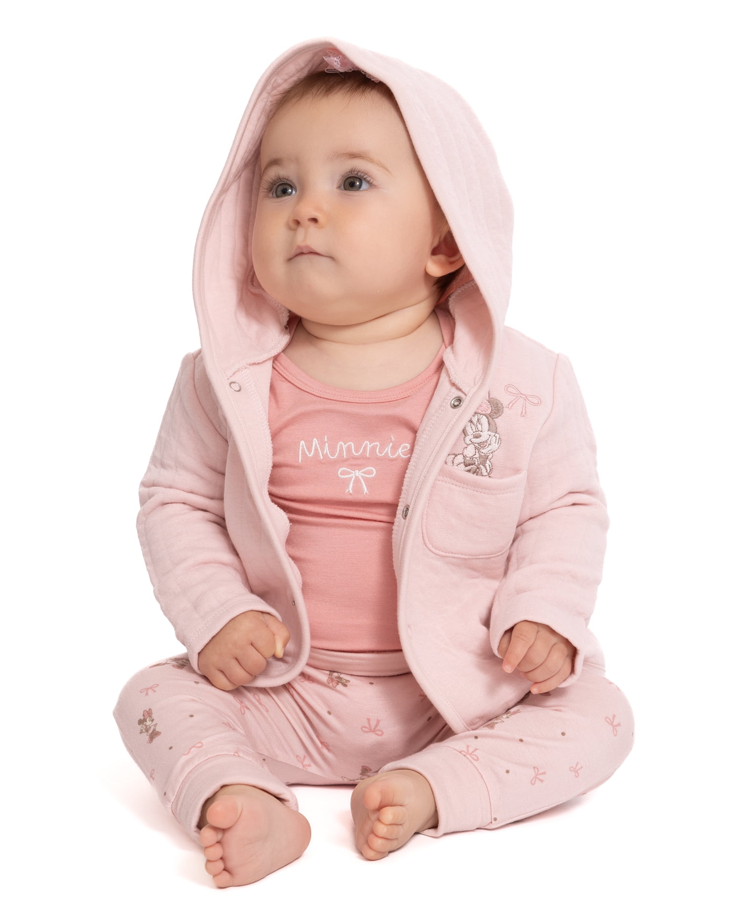 Disney Baby Wishes + Dreams Minnie Mouse Hooded Cardigan, Bodysuit and Pants Set, 3-Piece, Sizes 0/3M-18M
