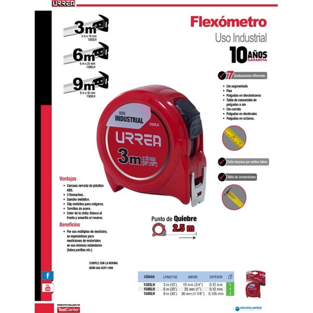 Flexómetro Industrial Urrea 6M × 25mm 1586LH
