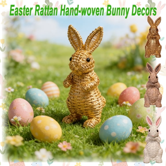 Hand-Woven Natural Rattan Easter Bunny Basket Decor, Wicker Rabbit Ornament for Easter Decorations, Rustic Pastoral Farmhouse Accent for Indoor Outdoor Home Tabletop, HAODEJW, A